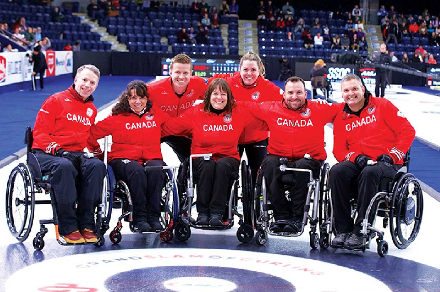 Team Canada members from left to right: Gil Dash (Kipling, SK), Collinda Joseph (Ottawa, ON), Mick Lizmore (London, ON), Ina Forrest (Spallumcheen, B.C.), Dana Ferguson (Stony Plain, AB), Jon Thurston (Dunsford, ON), and Mark Ideson (London, ON).